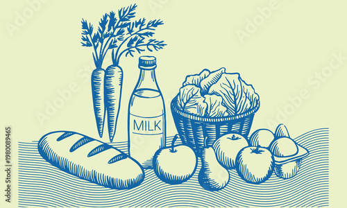 Blue ink drawing of groceries including bread milk assorted produce