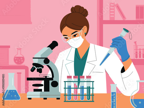 Scientist working in laboratory with microscope and test tubes laboratory equipment scientific research science lab medical research scientist