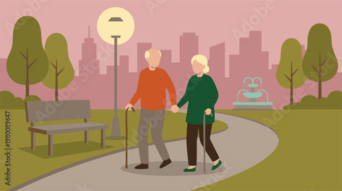 Senior couple with walking sticks enjoying a stroll in urban park