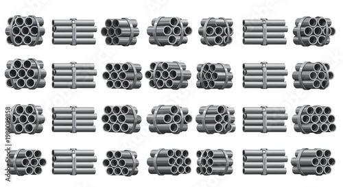 Multiple bundles of circular steel pipes secured with metal straps arranged in a grid layout against a clean white background for industrial supply chains.