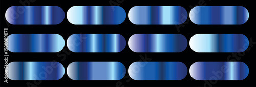 Metallic blue gradient swatches set, 12 glossy sapphire metal textures, shiny cobalt chrome color palettes for graphic design and UI buttons