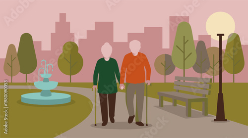 Elderly couple walking hand in hand with canes in a peaceful city park
