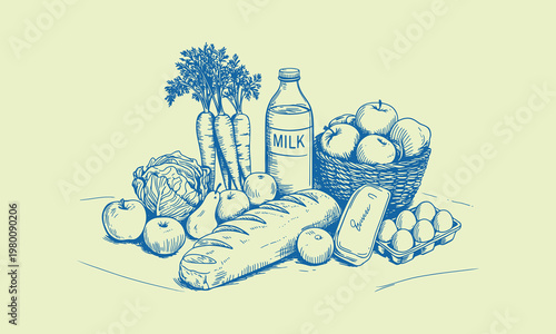 Assorted fresh produce and dairy products still life illustration with nutrition