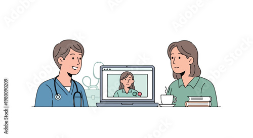A minimal flat vector image depicting a healthcare provider having a remote consultation with a patient, set against a white background.
