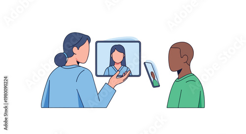 A flat vector illustration of a healthcare professional performing a telehealth consultation with a patient, featuring a minimal design on a white background.