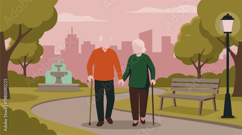 Elderly couple walking hand-in-hand in a city park with canes
