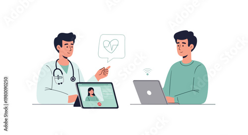 Flat vector illustration of a healthcare worker conducting a telehealth consultation with patient, minimal design, white background