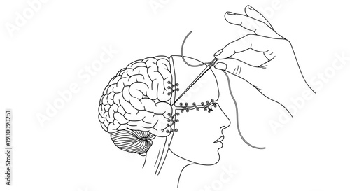 Mending the Mind: Minimalist Line Art of Hand Stitching a Human Brain | Psychological Healing Illustration