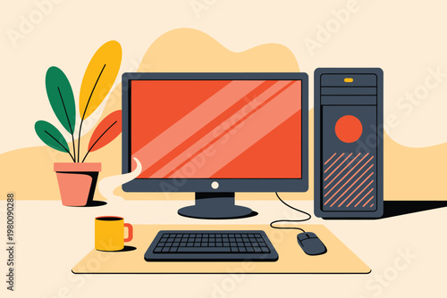 Modern computer workstation with monitor keyboard mouse coffee cup home office computer keyboard workstation technology workspace electronic