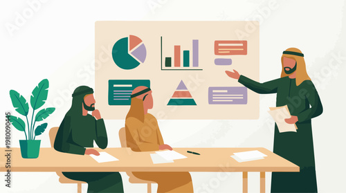 Middle Eastern businessmen in a meeting, analyzing data with charts and graphs