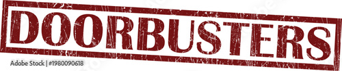 Distressed dark red rubber stamp impression with the word doorbusters in a rectangular border