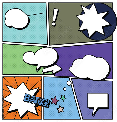 Dynamic comic book page layout, vibrant pop art style vector illustration, blank speech bubbles and sound effects, retro cartoon panel design for graphic novels and storytelling
