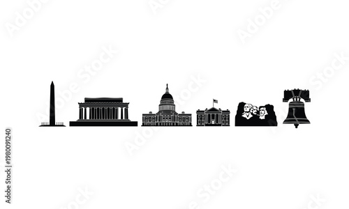 American historical buildings and monuments, washington monument, lincoln memorial, capitol, white house vector illustration.