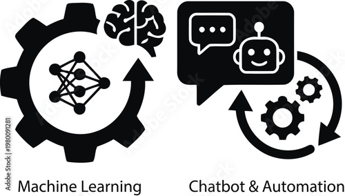 Machine learning and its response black silhouette vector.