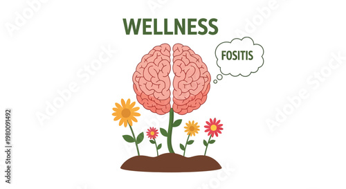 Illustrated brain plant symbolizing wellness growth.