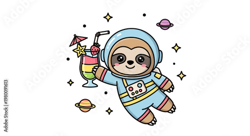 Cute sloth astronaut holding colorful layered drink.