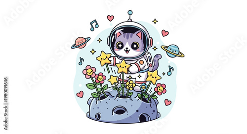 Adorable astronaut cat in spacesuit tending flowers.