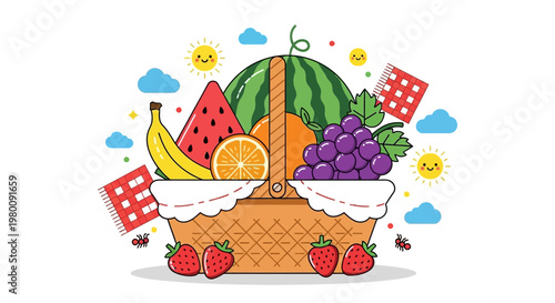 Colorful fruit picnic basket illustration with watermelon grapes bananas and oranges.