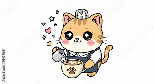 Cute cartoon barista cat pouring milk latte art.