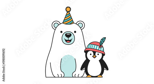 Cartoon polar bear and penguin wearing party hats.