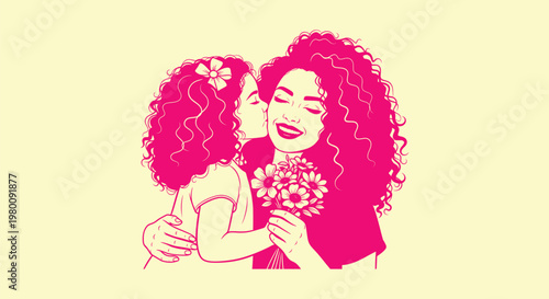 Mother's Day Illustration of a Little Girl Kissing Her Happy Mother with Flowers and Curly Hair