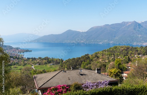 Wallpaper Mural Panoramic view of Lake Maggiore from the hills of Poppino above Luino, Province of Varese, Lombardy, Italy. Scenic Italian landscape featuring lake waters, surrounding mountains. Torontodigital.ca
