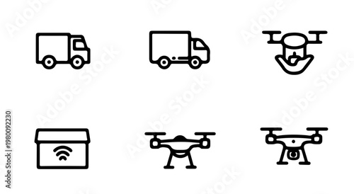 This artwork features a variety of vehicles and gadgets used for delivery in a sleek and modern style. Included are trucks, drones, and gift boxes, highlighting efficiency in transport.
