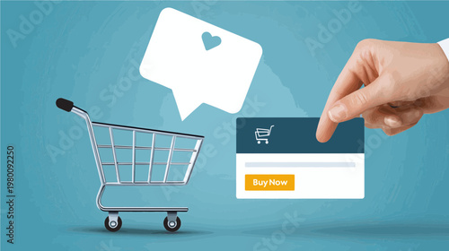 Creative online shopping experience as a hand selects a buy now option with a shopping cart and heart icon in colorful design