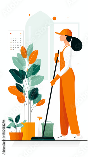 Cleaning a bright and cheerful room while tending to vibrant plants during a sunny afternoon