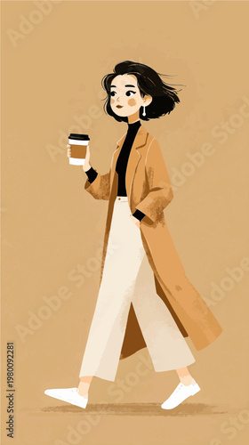 Stylishly walking with a coffee in hand, a modern urban woman enjoys the morning in a cozy, artistic setting