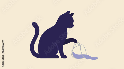 Mischievous cat spilling a drink from a cup, minimalist flat design illustration