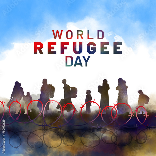 Schilderij op canvas Conceptual Illustration of Refugees Silhouettes Walking Behind Barbed Wire Fence