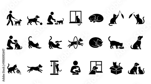 Pet Animal Icon Set Dog Cat Walking Playing Care Silhouette Vector Pack