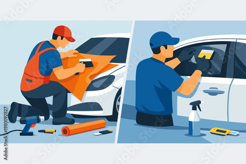 Professional car detailing service illustration featuring workers applying orange vinyl wrap to a vehicle hood and tinting windows using specialized tools like squeegees and heat guns in flat style.