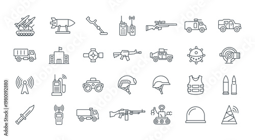 Various weapons, trucks, networks, missiles, and other military equipment used in war
