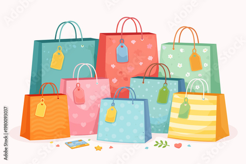 Colorful Shopping Bags Collection with Patterns like Hearts, Polka Dots, Stripes, and Flowers. Includes Gift Tags and Credit Card. Perfect for Retail Sales, E-commerce, and Holiday Gift Shopping.