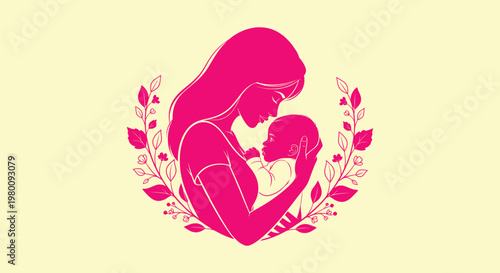 Pink silhouette of a mother holding her newborn baby with floral wreath decoration on background.
