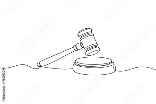 Continuous line drawing of a wooden judge's gavel and sound block, symbolizing law, justice, and legal authority. Minimalist vector illustration for courtroom, auction, and legal system themes.