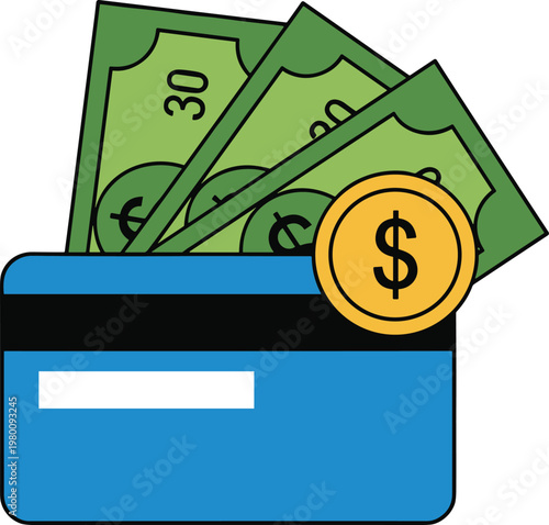 Credit card with cash money and coin for payment and financial transaction concept.