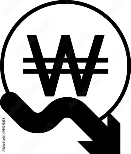 South Korean Won Currency Depreciation Icon with Downward Arrow
