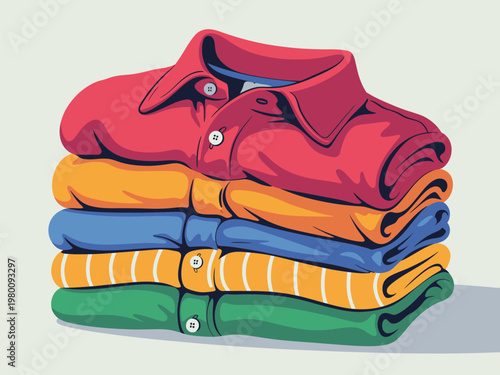 Stack of folded casual shirts in bright colors with button down clothing collared illustration wardrobe boutique