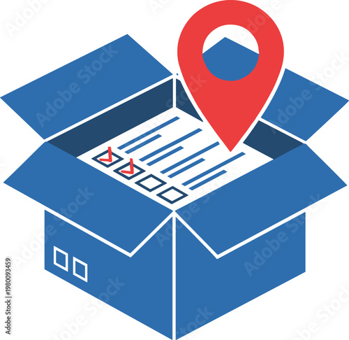 Open blue shipping box with checklist inside and red map pin marker indicating delivery destination or location.