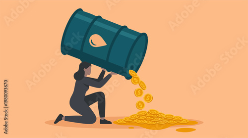 Woman pouring gold dollar coins from oil barrel, symbolizing profit