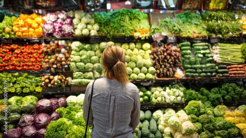 Woman examining wide produce display in grocery market