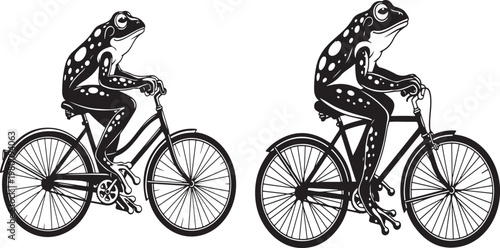  A black and white illustration of a frog riding a bicycle isolated on white background with spots on its body