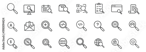 Search and inspection line icons set featuring financial audit security protection data analysis health monitoring and global discovery vector illustration