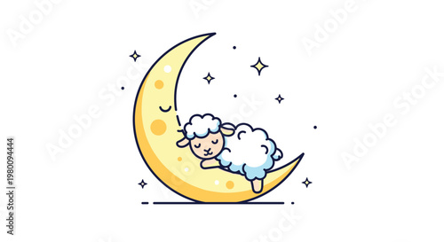 Cute fluffy white sheep sleeping peacefully on a large glowing yellow crescent moon surrounded by twinkling stars in a serene and dreamy night atmosphere.
