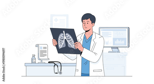 A male doctor in a crisp white coat carefully examines a detailed dark X-ray film of human lungs inside a bright clinical office with medical equipment.