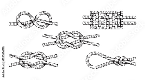 Various nautical knots and rope fastenings, illustrated in black and white line art style