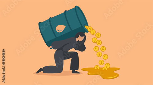 Economic burden concept with person carrying oil barrel spilling money